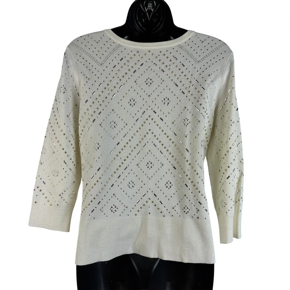 White House Black Market Ecru Size Small Embellished Cardigan‎ Cream  3/4 Sleeve